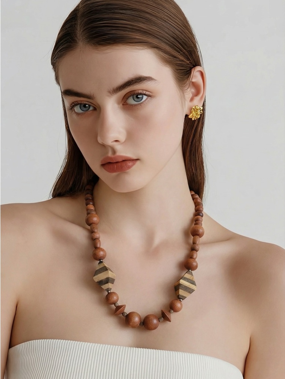 Natural Brown Wooden Bead Necklace for Women